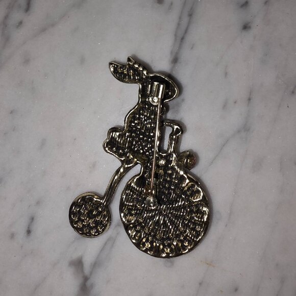 Rhinestone Rabbit Riding Bicycle Brooch Pink Crystal Easter Bunny Novelty Pin - Picture 4 of 4